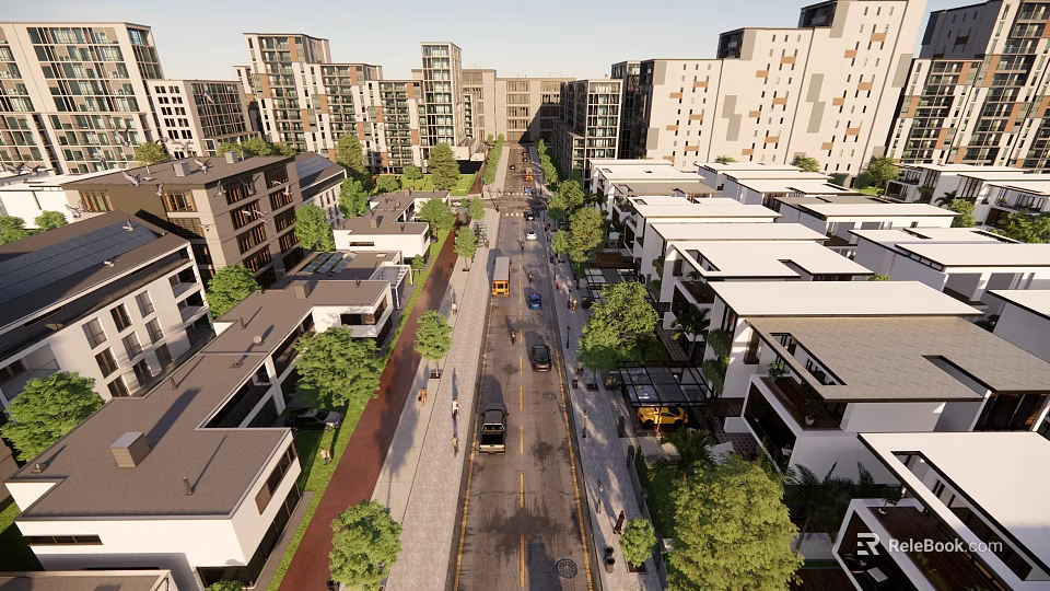 Modern Urban Neighborhood With High Rise Buildings Tree Lined Streets Vehicles And Pedestrians 3d model 