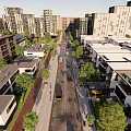 Modern Urban Neighborhood With High Rise Buildings Tree Lined Streets Vehicles And Pedestrians