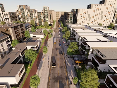 Modern Urban Neighborhood With High Rise Buildings Tree Lined Streets Vehicles And Pedestrians 3d model