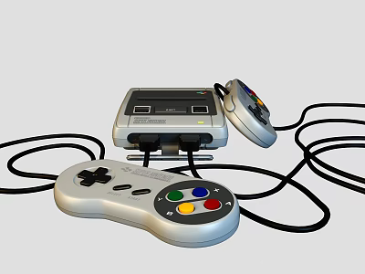Retro Entertainment Electronics Gaming Console With Wired Controllers Colorful Buttons And Black Cables 3d model