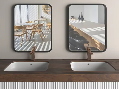 Double Washbasin Vanity With Wooden Countertop And Square Mirrors In Natural Light 3d model