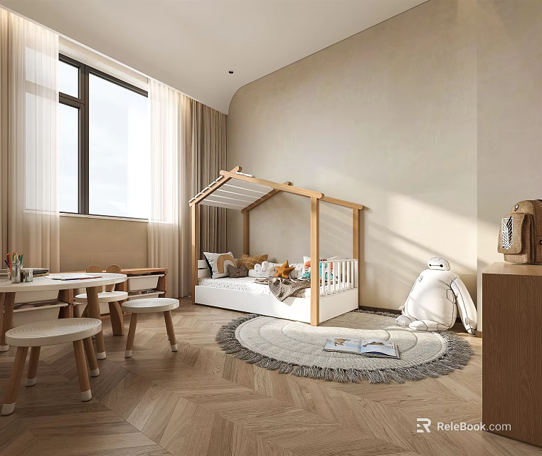 Cozy Kids Room Interior Design With Tent Bed Table Chairs Round Rug And Toys 3d model 