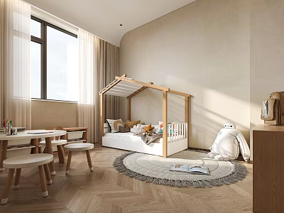 Cozy Kids Room Interior Design With Tent Bed Table Chairs Round Rug And Toys 3d model