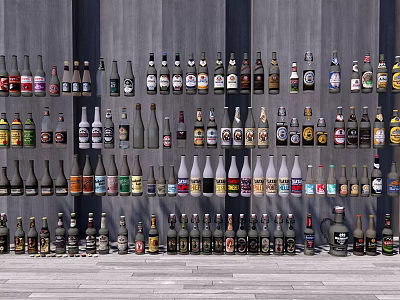 Neatly Arranged Wine Bottles and Glasses Against Gray Wall on Gray Floor With Various Colors Shapes 3d model