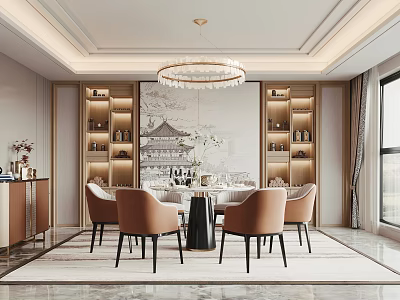Luxurious Restaurant Dining Room With Round Table Elegant Chairs And Chinese Painting 3d model