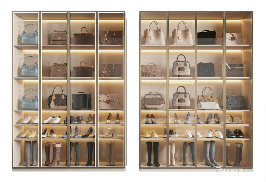 Stylish Shoes Displayed in Modern Glass Showcase with Organized Shelves and Lighting 3d model 
