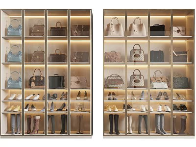 Stylish Shoes Displayed in Modern Glass Showcase with Organized Shelves and Lighting 3d model