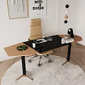 Modern Office Desk With Glass Top Leather Chair Laptop Coffee Cup And Green Plant