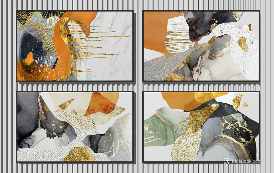 Modern Abstract Paintings With Orange Gold Black Green Marble Texture And Lines 3d model 
