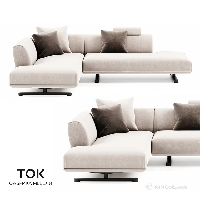 Modern Beige L shaped Double Sofa With Dark Cushions And Black Metal Legs 3d model 