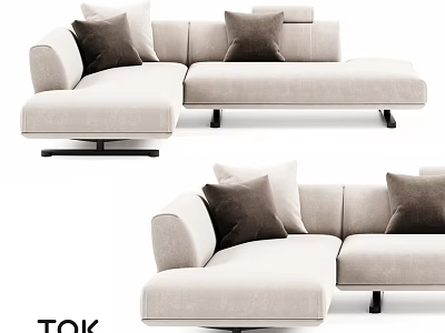 Modern Beige L shaped Double Sofa With Dark Cushions And Black Metal Legs 3d model