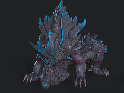 Mythical Creature With Spiked Armor Glowing Blue Accents And Muscular Build 3d model