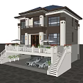Two Story Detached Villa With Blue Roof White Exterior Porch Garage And Stone Pavement