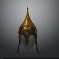 Golden Medieval Helmet With Pointed Top Ornate Carvings And Chainmail Visor
