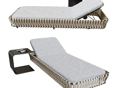 Gray Cushioned Wicker Lounge Chair With Side Table For Outdoor Relaxation 3d model