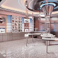 Modern Specialty Store Interior Featuring Circular Chandelier White Counter And Display Shelves