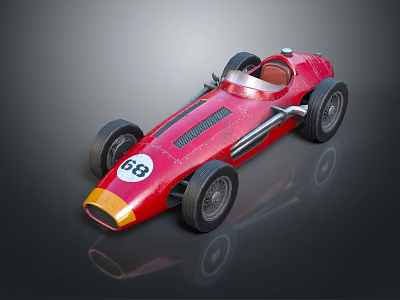 Red Vintage Race Car Model with Number 68 Streamlined Design and Front Yellow Orange Accents 3d model