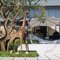 Modern Urban Plaza Landscape With Glass Building Trees White Umbrellas Outdoor Seating And People Gathering