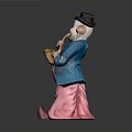 Colorful Clown Figurine With Blue Outfit Pink Pants And Black Hat Holding Horn