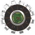 Modern Round Conference Table with White Office Chairs and Central Green Plant