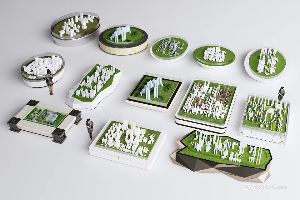 Commercial Architectural Model Equipment With Various Shapes White Buildings And Green Bases 3d model 