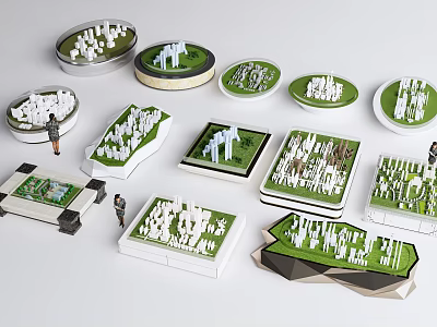 Commercial Architectural Model Equipment With Various Shapes White Buildings And Green Bases 3d model