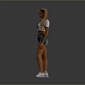 Woman In White Cropped Top And Denim Shorts With White Sneakers On Gray Background