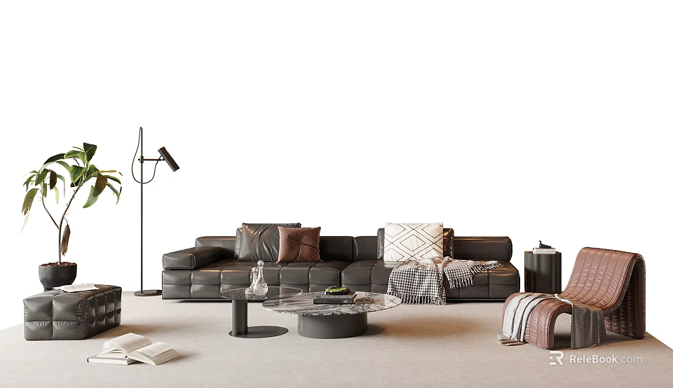 Modern Black Leather Sofa Coffee Table Set With Decorative Pillows Floor Lamp And Accent Chair 3d model 