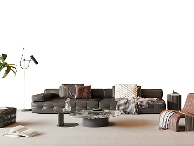 Modern Black Leather Sofa Coffee Table Set With Decorative Pillows Floor Lamp And Accent Chair 3d model