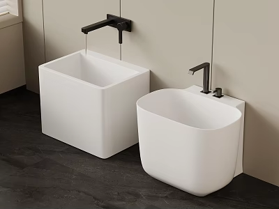 Sleek Modern Bathroom With Two White Square And Rounded Washbasins And Black Faucets 3d model