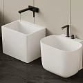 Sleek Modern Bathroom With Two White Square And Rounded Washbasins And Black Faucets