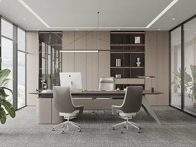 Modern Style Office Interior With Large Windows Desk Chairs Bookshelf Green Plants And Minimalist Design 3d model
