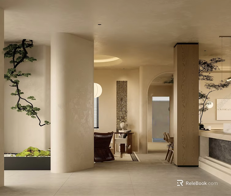 Cozy Warm Neutral Hotel Lobby With Zen Greenery And Elegant Curved Interior Design 3d model 