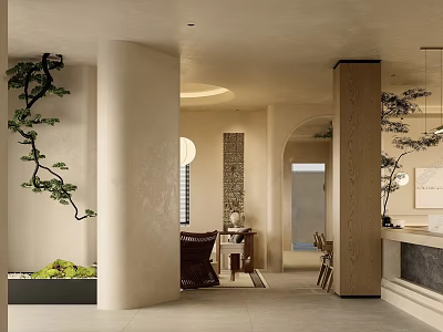 Cozy Warm Neutral Hotel Lobby With Zen Greenery And Elegant Curved Interior Design 3d model