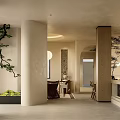 Cozy Warm Neutral Hotel Lobby With Zen Greenery And Elegant Curved Interior Design