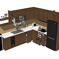 Modern Kitchen With Wooden Cabinets White Countertop Sink And Black Refrigerator