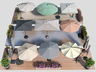 Colorful Outdoor Umbrellas Display In Patio With Lush Plants And Flowers 3d model