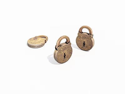Vintage Brass Padlocks Collection Featuring One Open And Two Closed Designs 3d model