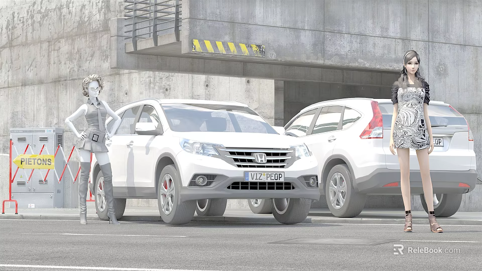 White SUV Cars Parked In Urban Parking Area With Fashionable Women Standing Nearby 3d model 