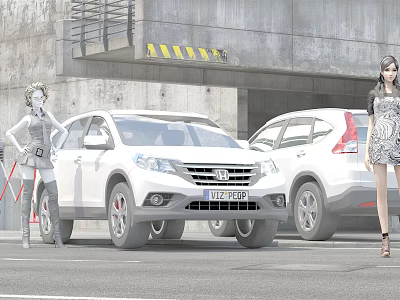 White SUV Cars Parked In Urban Parking Area With Fashionable Women Standing Nearby 3d model
