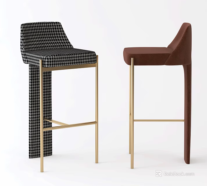 Black And White Houndstooth And Brown Bar Stools With Gold Metal Frames 3d model 