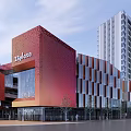 Modern Ziplaza Commercial Building With Red Orange Facade Glass Curtain Wall And Black Swan Billboard