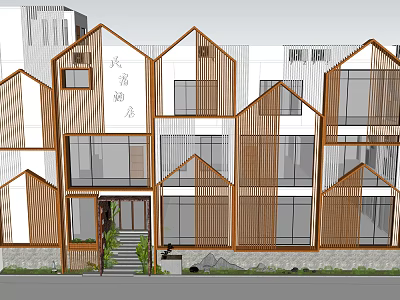 Modern Hotel Building With Traditional Chinese Elements Wooden Structure Geometric Roof And Glass Curtain Wall 3d model