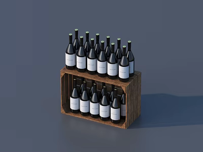 Black Wine Bottles With White Labels On Double Tiered Wooden Rack 3d model