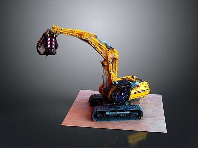 Detailed Yellow Excavator Model On Wooden Base With Tracks And Mechanical Arm 3d model