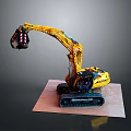 Detailed Yellow Excavator Model On Wooden Base With Tracks And Mechanical Arm