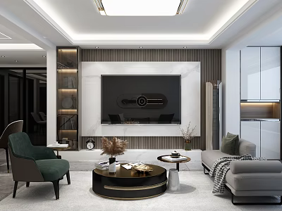Modern Elegant Luxury Living Room With Marble TV Wall And Exquisite Home Interior Design 3d model