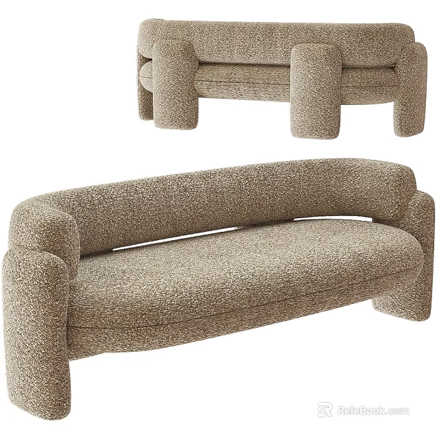 Modern Beige Bouclé Fabric Curved Sofa With Thick Armrests And Low Legs Design 3d model 