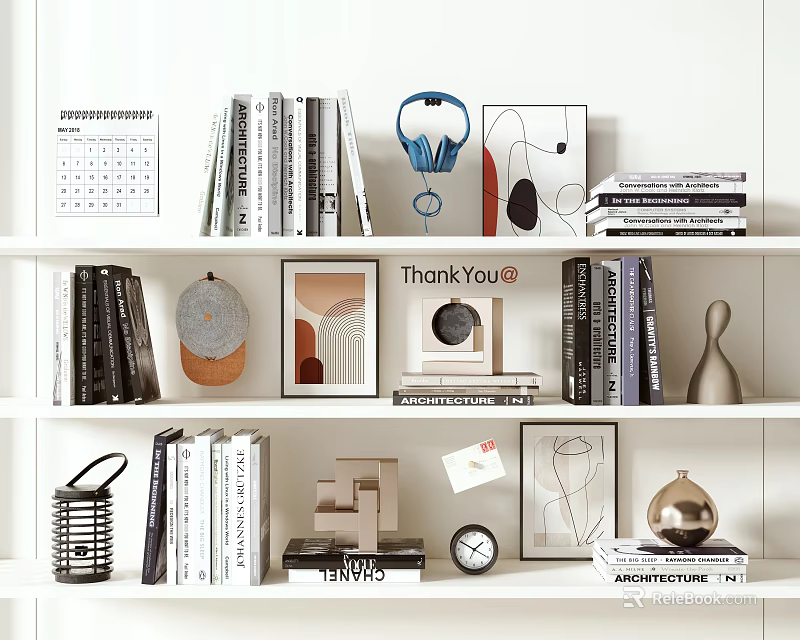 Modern Decorative Ornament Combination With Books Artworks Clock And Metallic Vase On Shelf 3d model 