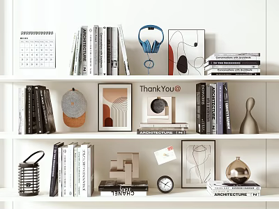 Modern Decorative Ornament Combination With Books Artworks Clock And Metallic Vase On Shelf 3d model